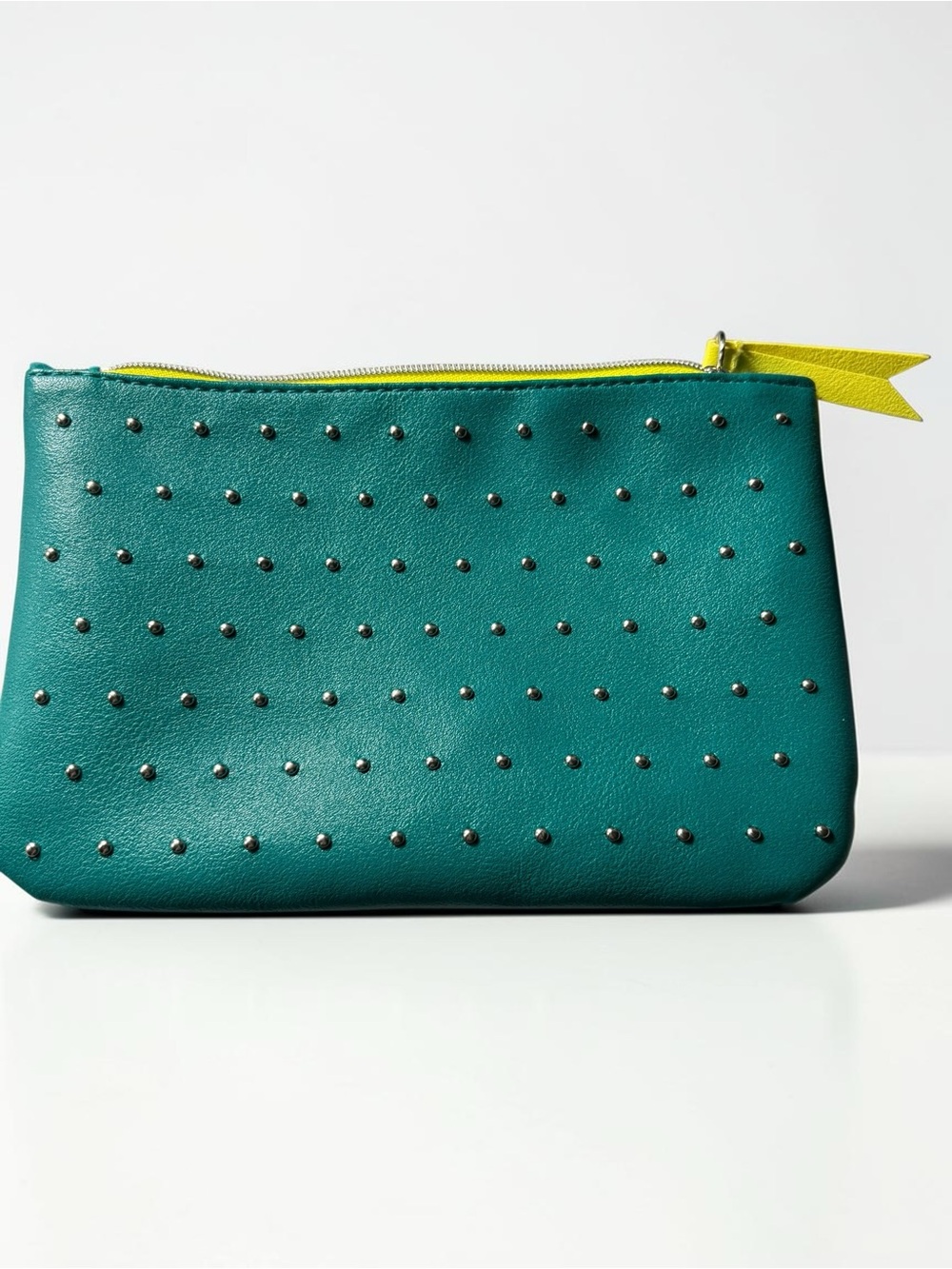 IPSY 100th Glam Bag Studded Teal Cosmetic Pouch Makeup Bag Neon Yellow EUC